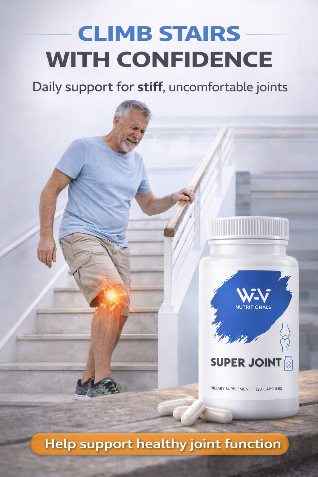 Man climbing stairs with a painful knee, bottle of Wi-Vi Nutritions Super Joint supplement on a step.