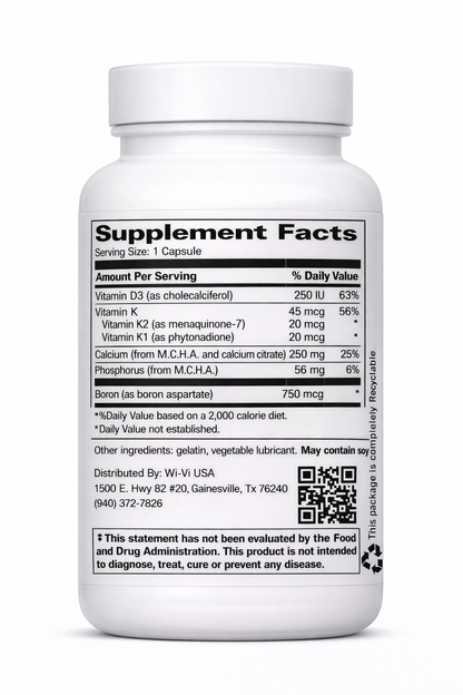 Calcium with D3 + K2 MCHA Complex Supplement bottle with label showing 'Supplement Facts' on a white background