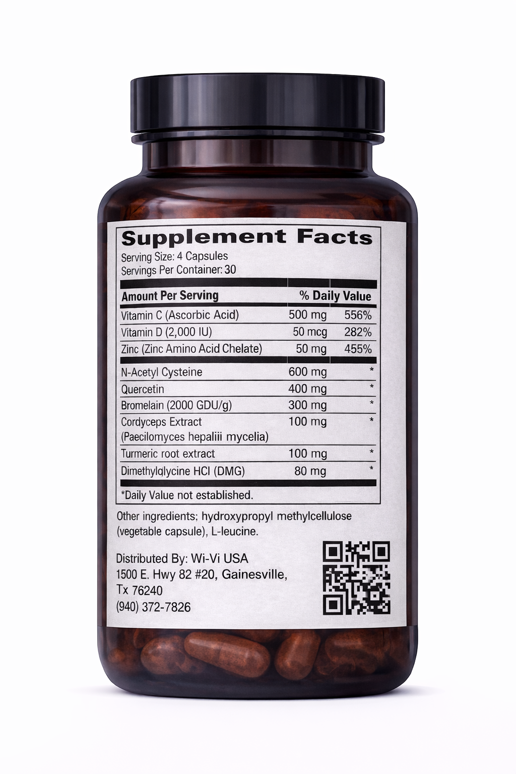 EmDefense Immunity & Respiratory Support Supplement bottle with label showing 'Supplement Facts' on a white background