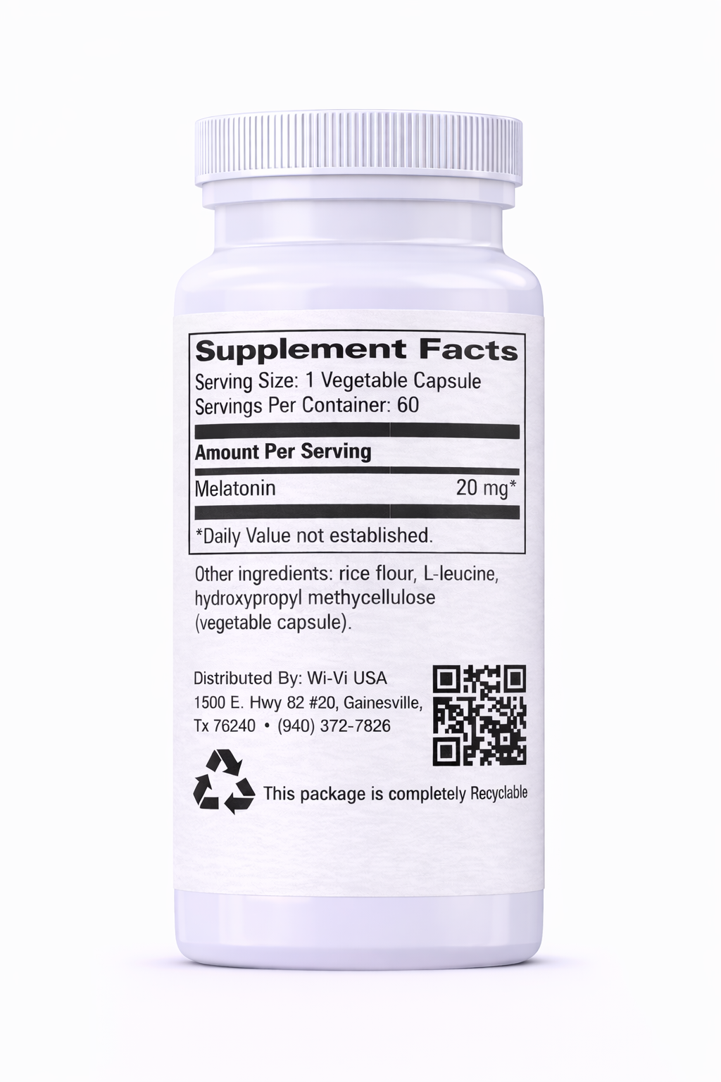 Melatonin 20mg  Supplement bottle with label on a white background