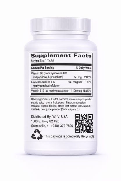 Methyl B-12 + Folate with label showing 'Supplement Facts' and a QR code on a white background