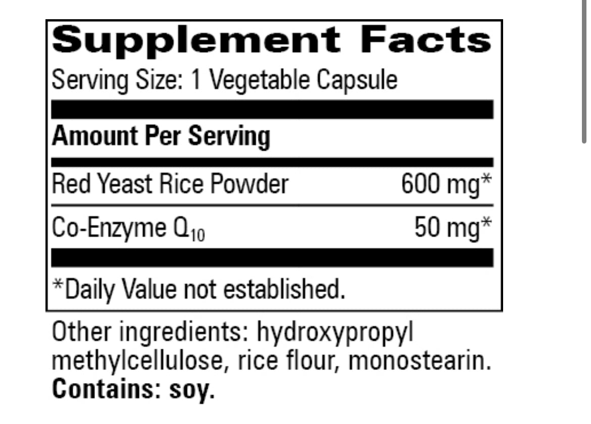 Supplement Facts for a bottle of Nature's Source Red Yeast Rice with CoQ10 dietary supplement with 60 vegetable capsules.