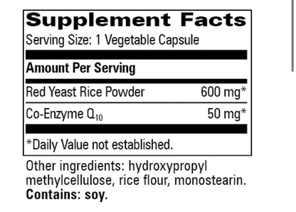 Supplement Facts for a bottle of Nature's Source Red Yeast Rice with CoQ10 dietary supplement with 60 vegetable capsules.