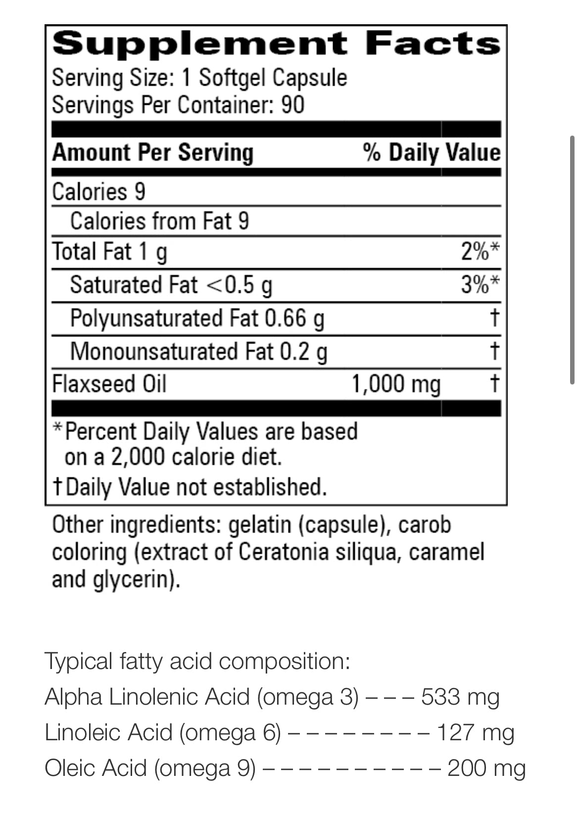 Supplement facts label for Omega-3 from organic flaxseed oil