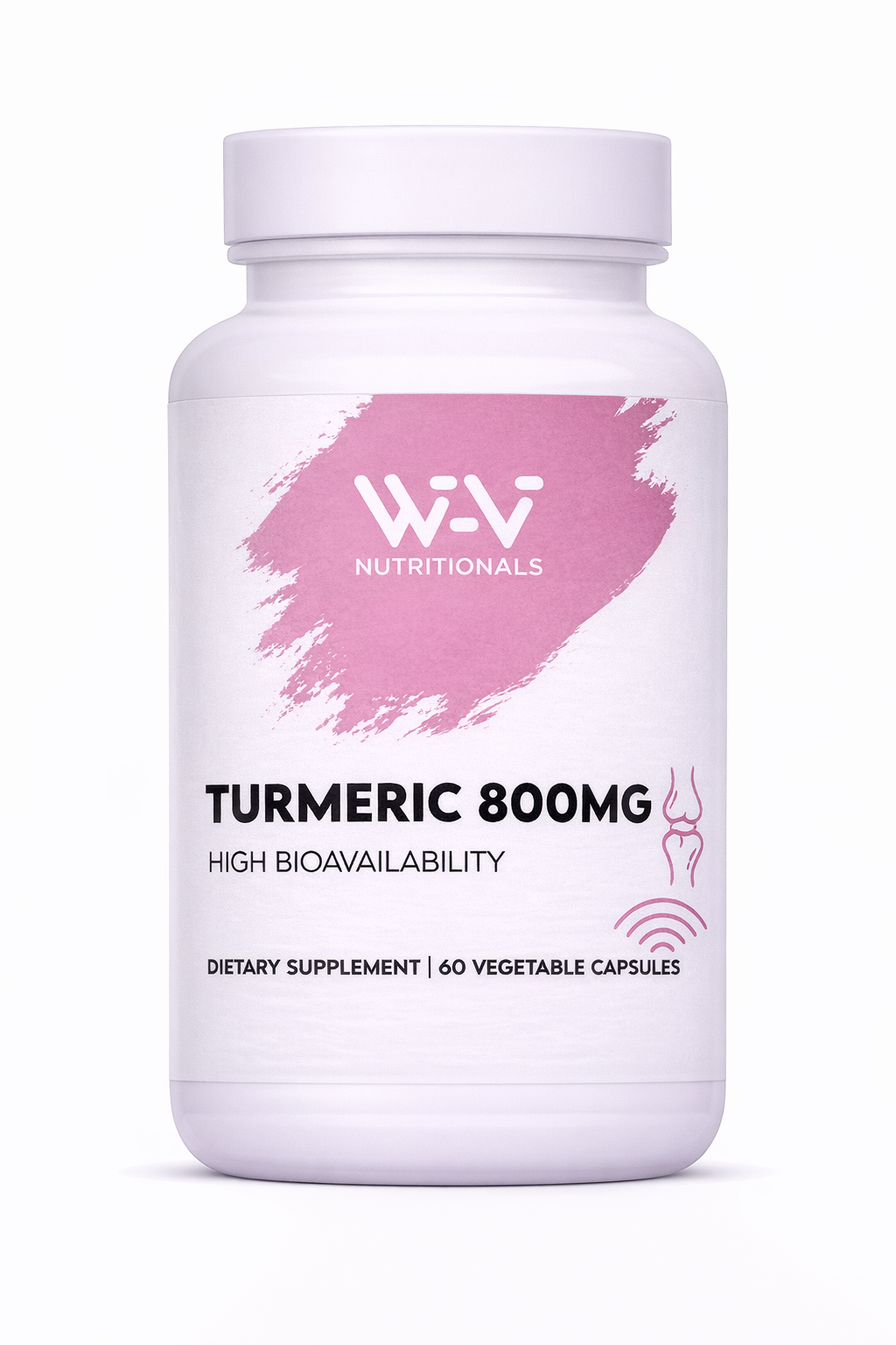 Supplement bottle labeled Wi-Vi Nutritionals Turmeric 800MG' on a white background