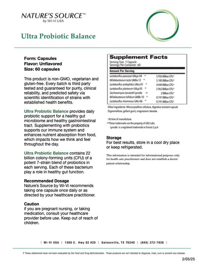Supplement facts and detail sheet for  Ultra Probiotic Balance by Nature's Source
