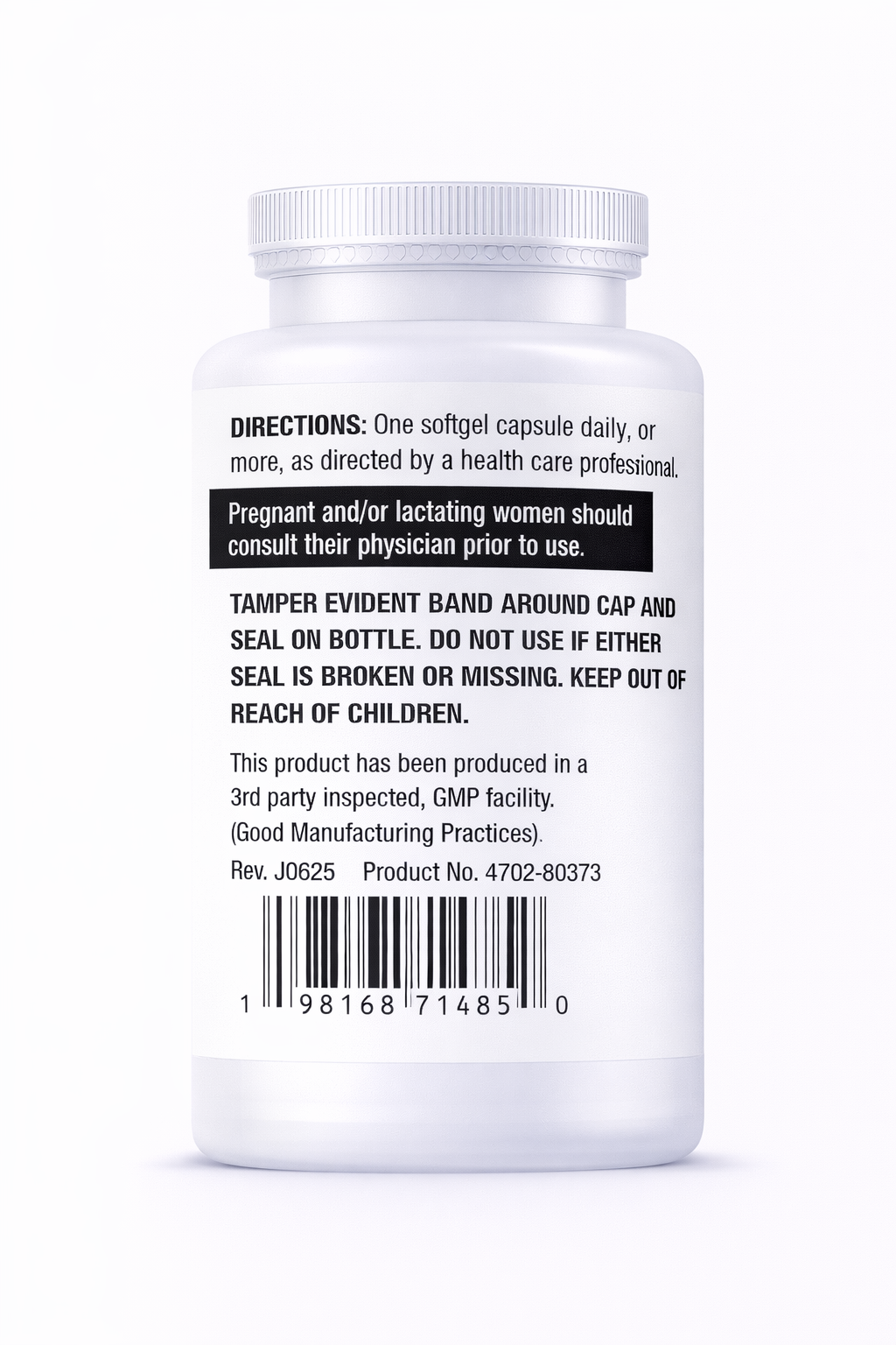 Back label of a Vitamin D3 5000 IU supplement bottle with text and a barcode on a white background