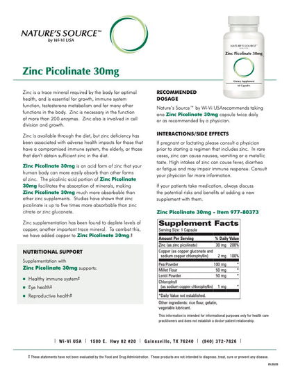 Detail sheet for zinc picolinate
