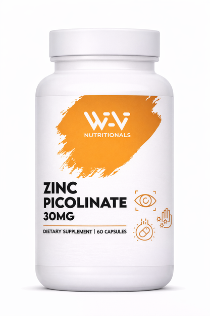 Supplement bottle labeled Wi-Vi Nutritionals Zinc Picolinate 30MG' on a white background