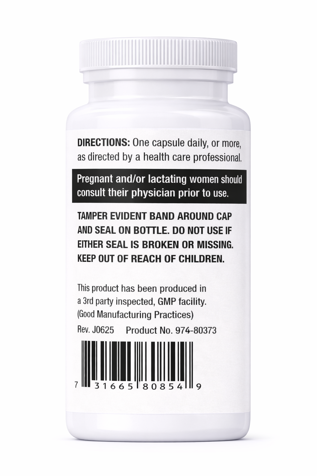 Back label of a white supplement bottle with text and a barcode on a white background