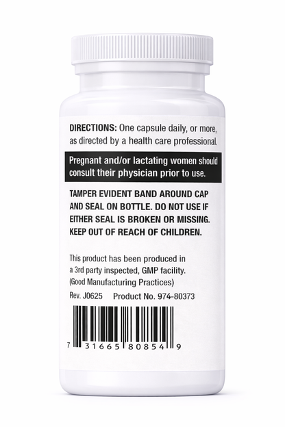 Back label of a white supplement bottle with text and a barcode on a white background