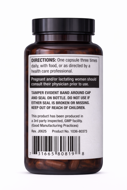 Bottle of capsules with label and directions on a white background