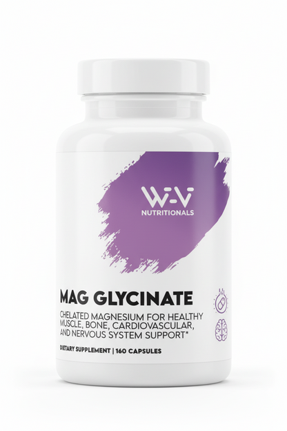 Supplement bottle labeled 'W-V Nutritionals Mag Glycinate' on a white background
