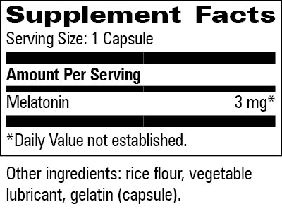 supplement facts for Nature's Source Melatonin 3 mg capsules containing 60 capsules.
