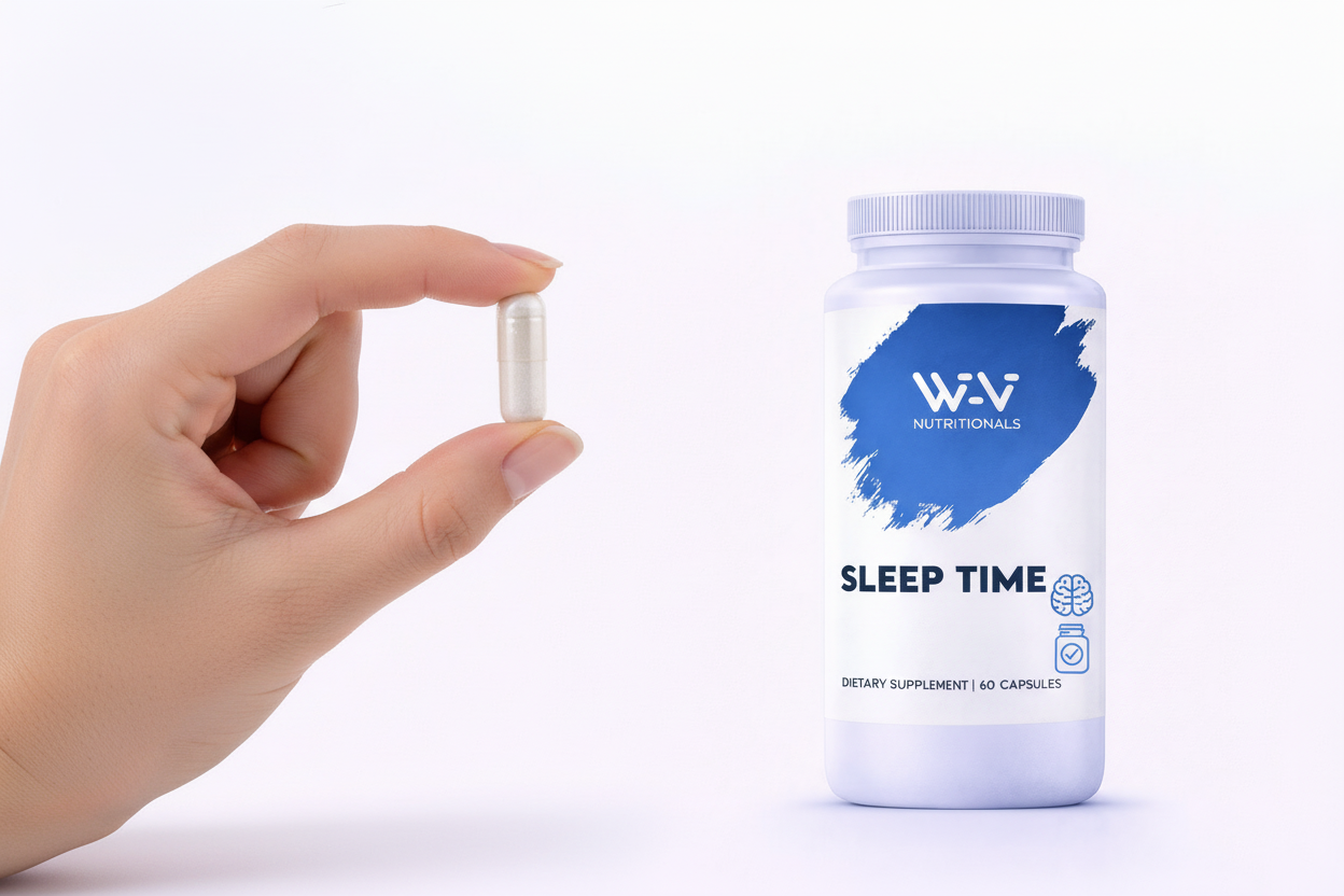Hand holding a supplement capsule next to a bottle labeled 'Sleep Time' on a white background