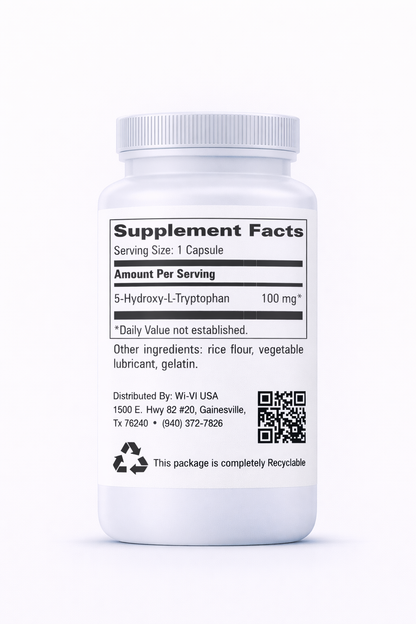 5-HTP 100mg  Supplement bottle with label showing 'Supplement Facts' on a white background