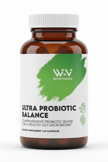 Brown supplement bottle with white label featuring W&V Nutritionsals branding on a white background