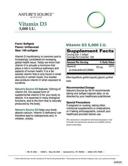 Detail Sheet for Nature's Source Vitamin D3 5,000 dietary supplement with 100 softgels.