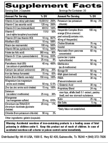 Supplement label with detailed nutritional information on a white background