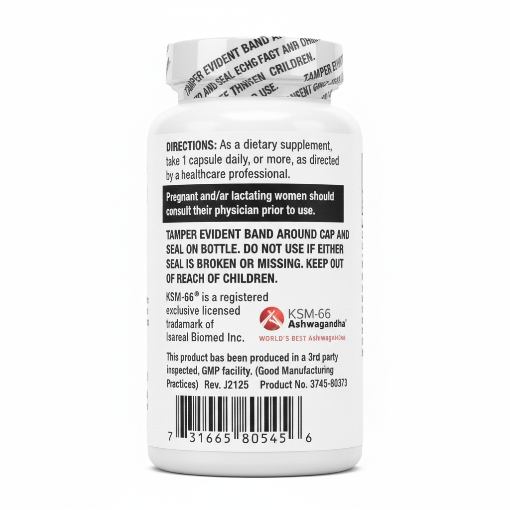 Supplement bottle label with directions and branding on a white background